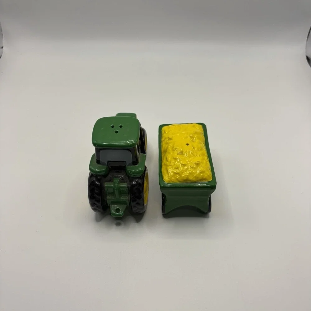 John Deere Green Tractor & Hay Wagon Ceramic Salt and Pepper Shakers